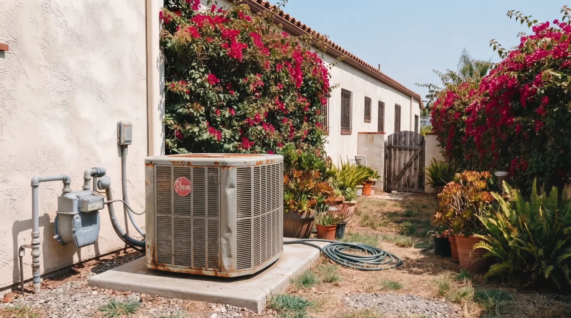 Old rusted air conditioning condenser at a Los Angeles home before replacement