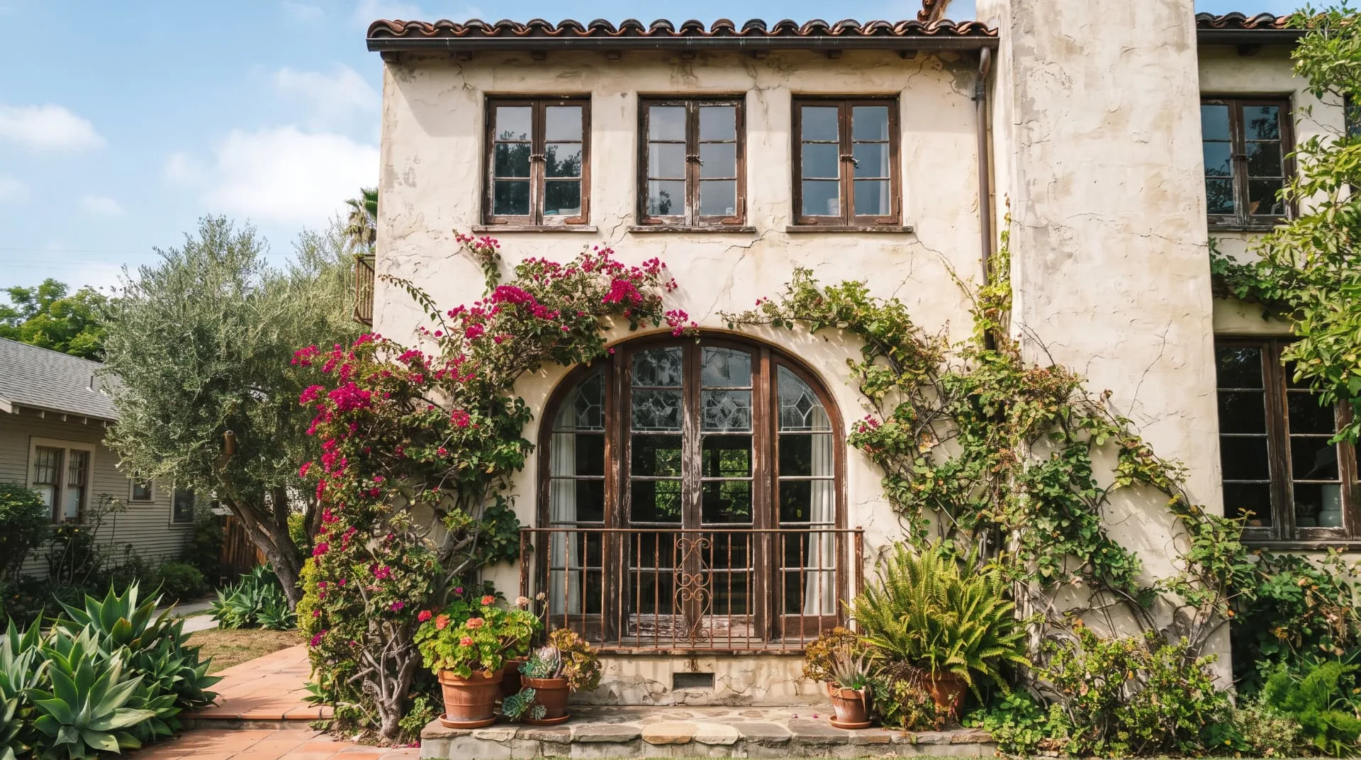 Old weathered wood windows on a Spanish-style Los Angeles home before replacement