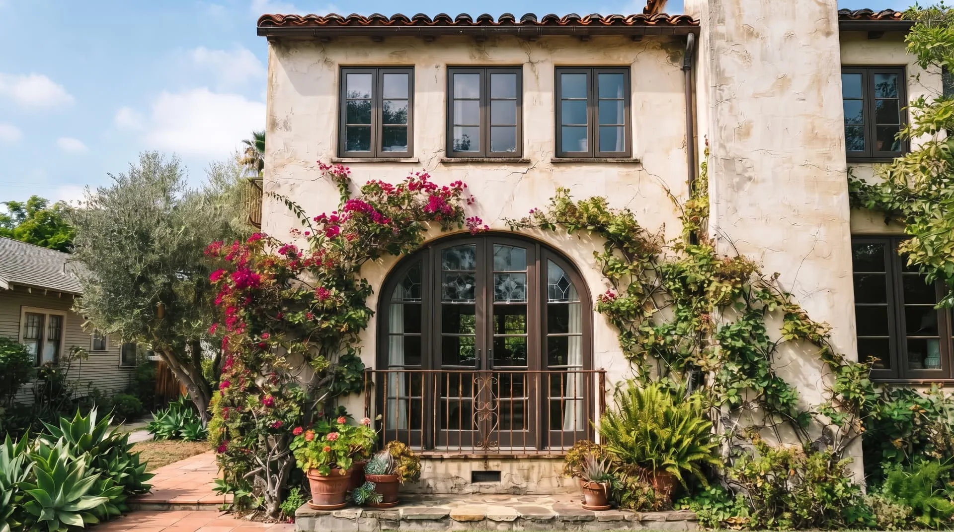 New dark-framed dual-pane replacement windows on a Spanish-style Los Angeles home