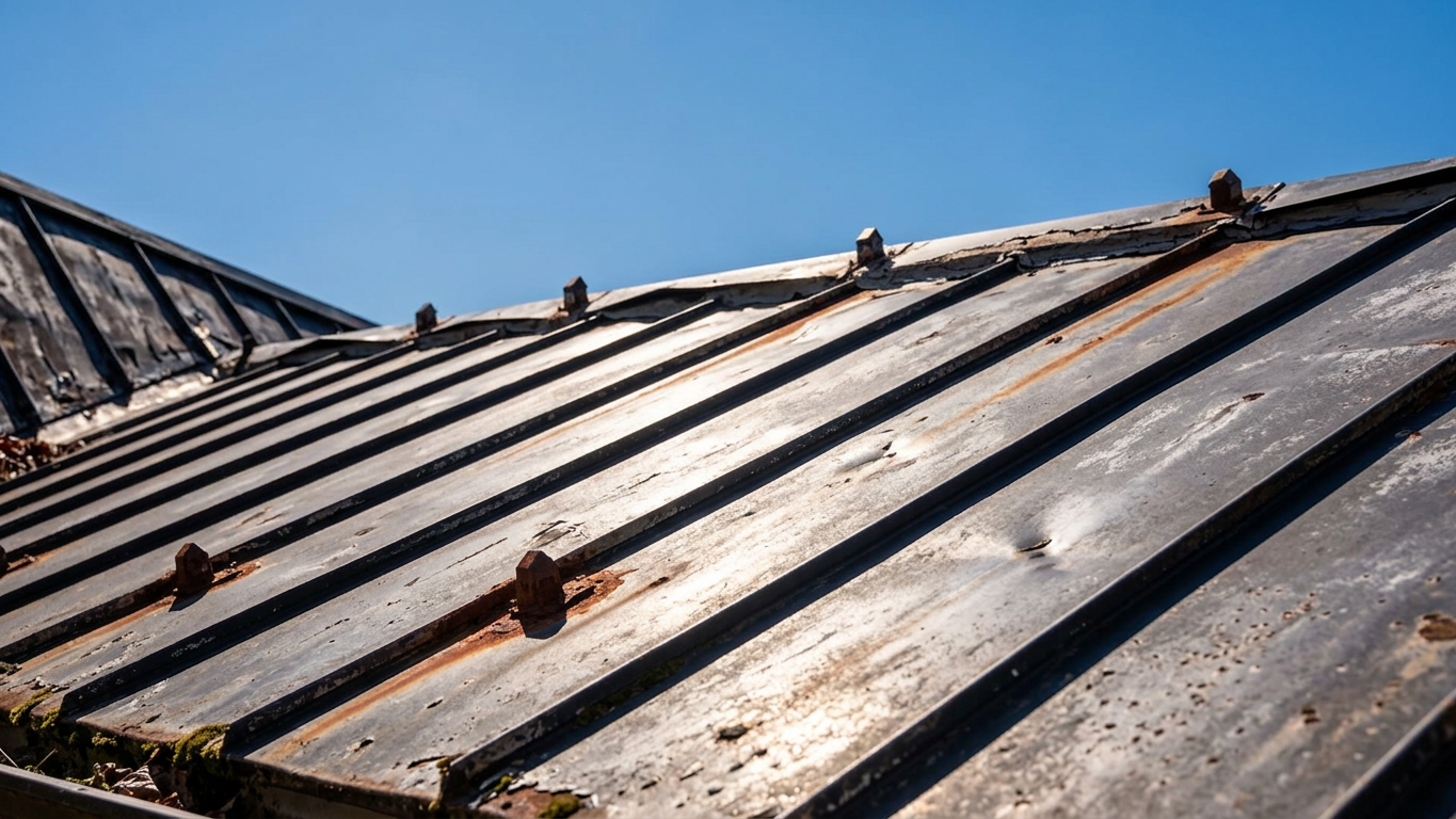 Old, weathered metal roof before replacement