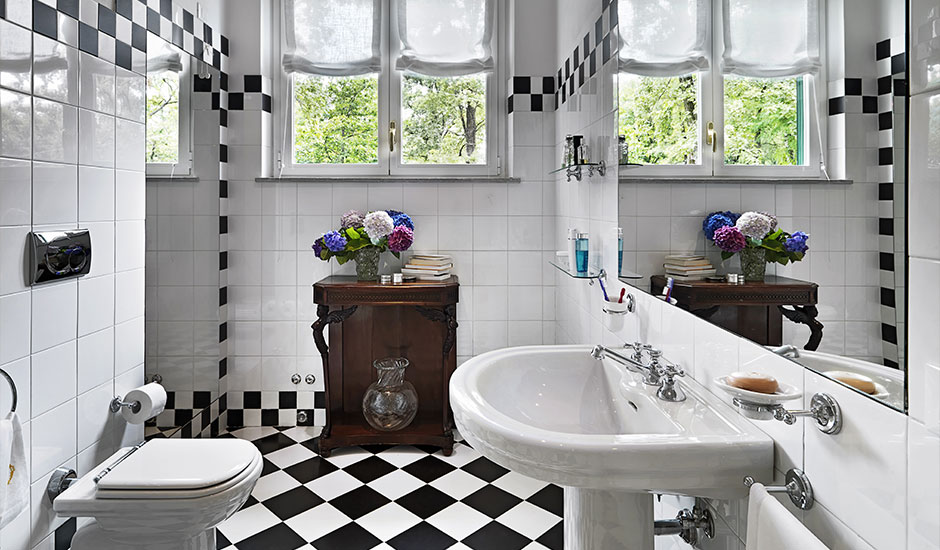bathroom with checkerboard tiles