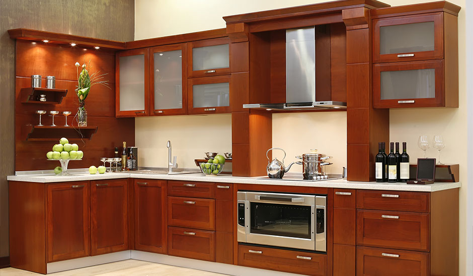 modern kitchen with warm cabinet wood