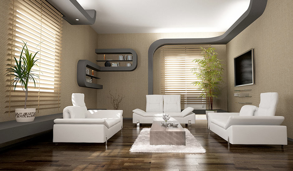 grey modern living room with organic shelves
