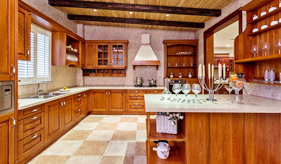 kitchen with checkered marble floors