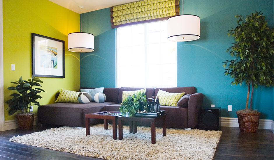 lime and teal painted living room