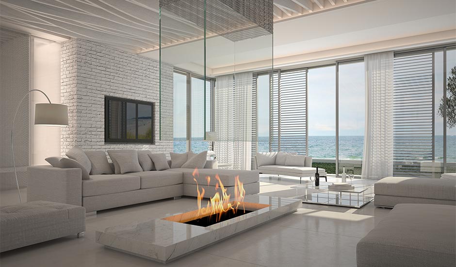 modern beachside living room with fireplace