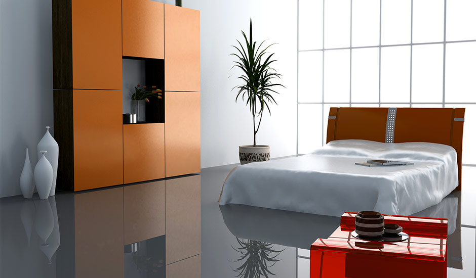 modern bedroom with reflective floor