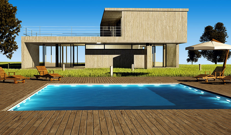 modern house and wood deck pool