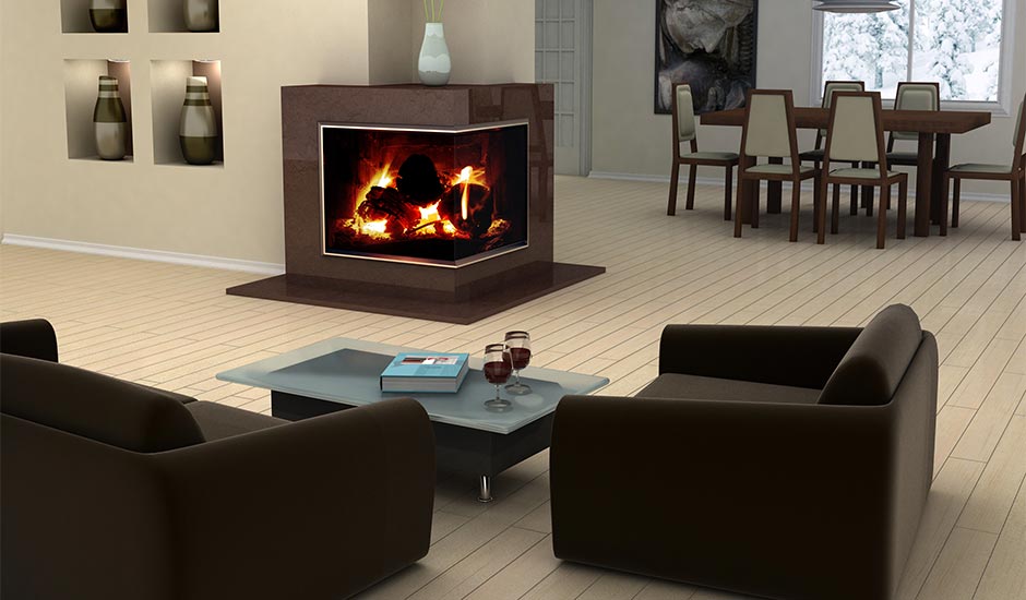 modern living room with corner fireplace