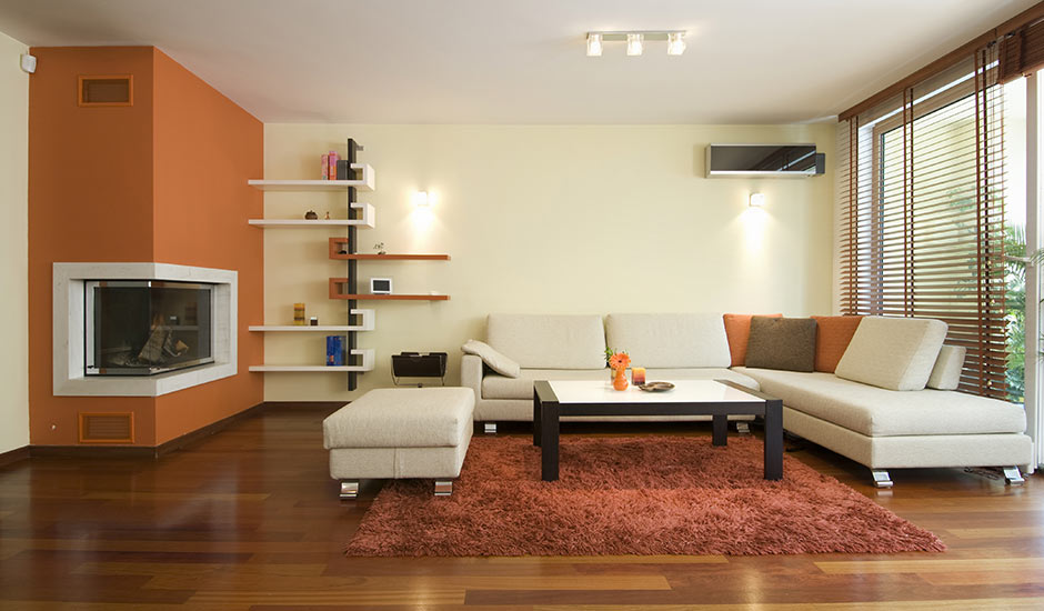 modern living room with orange fireplace