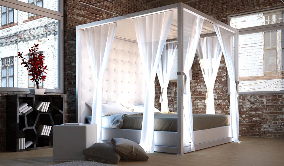urban brick bedroom with up lighted bed