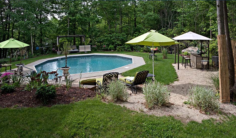 octagon pool in lush backyard