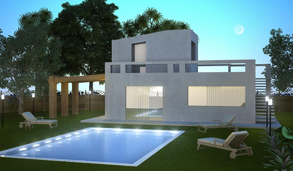 rendering of modern home pool at night