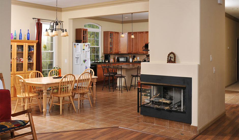 kitchen with corner fireplace